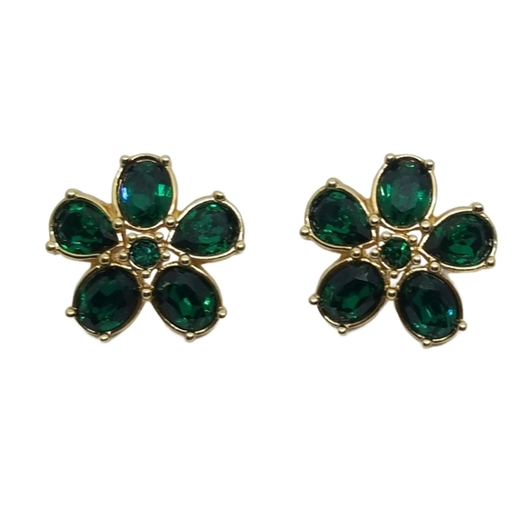 SWAROVSKI SAVVY COLLECTION GOLDTONE & EMERALD GREEN CRYSTAL FLOWER EARRINGS - Picture 3 of 7